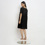 Black Cotton Linen Yoked Knee Length Shift Dress