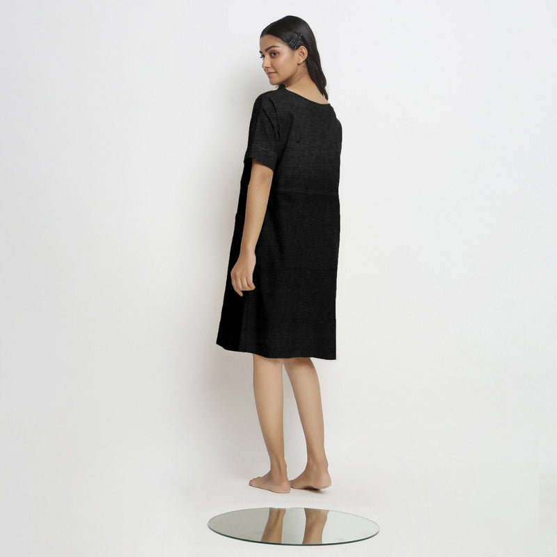 Black Cotton Linen Yoked Knee Length Shift Dress