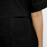 Black Cotton Linen Yoked Knee Length Shift Dress