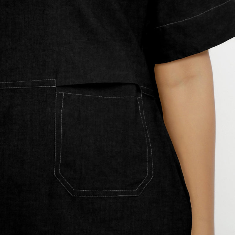 Black Cotton Linen Yoked Knee Length Shift Dress