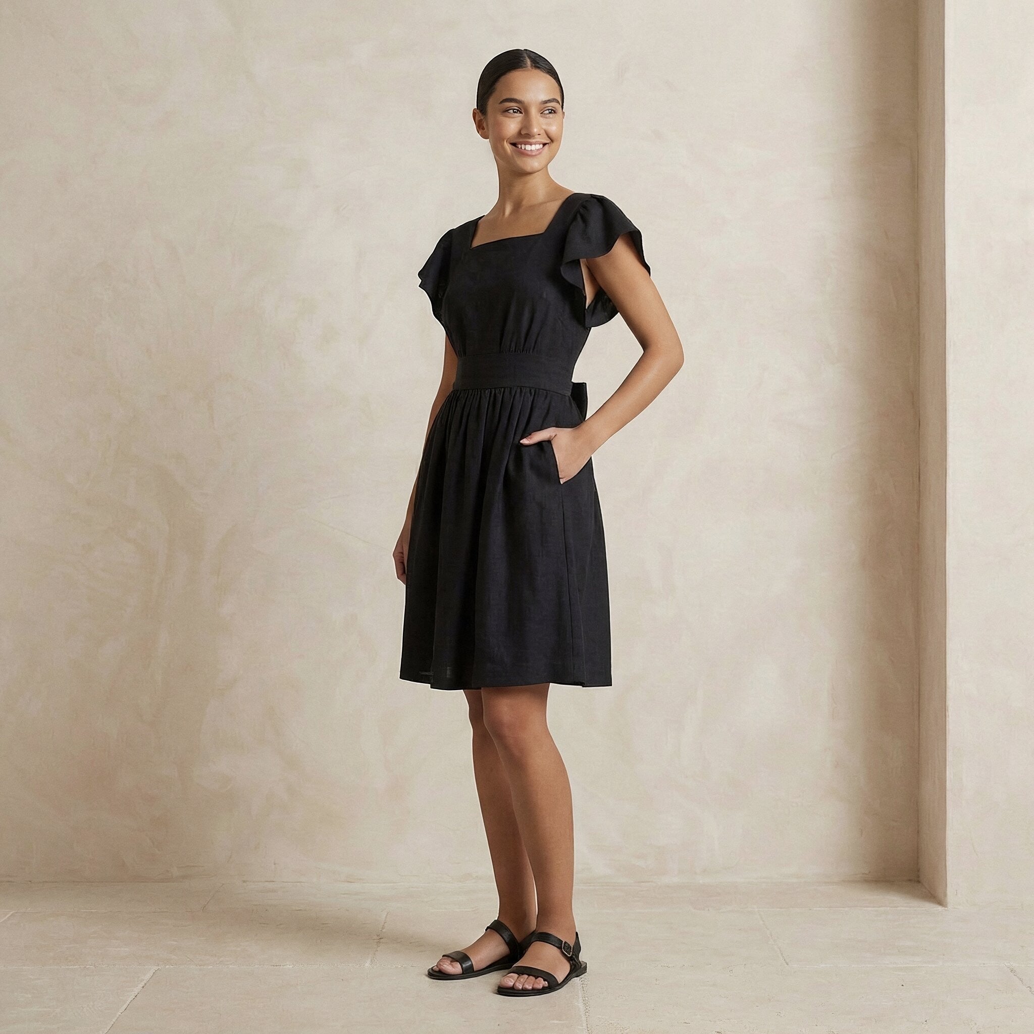 Black Cotton Open-Back Fit and Flare Knee Length Dress