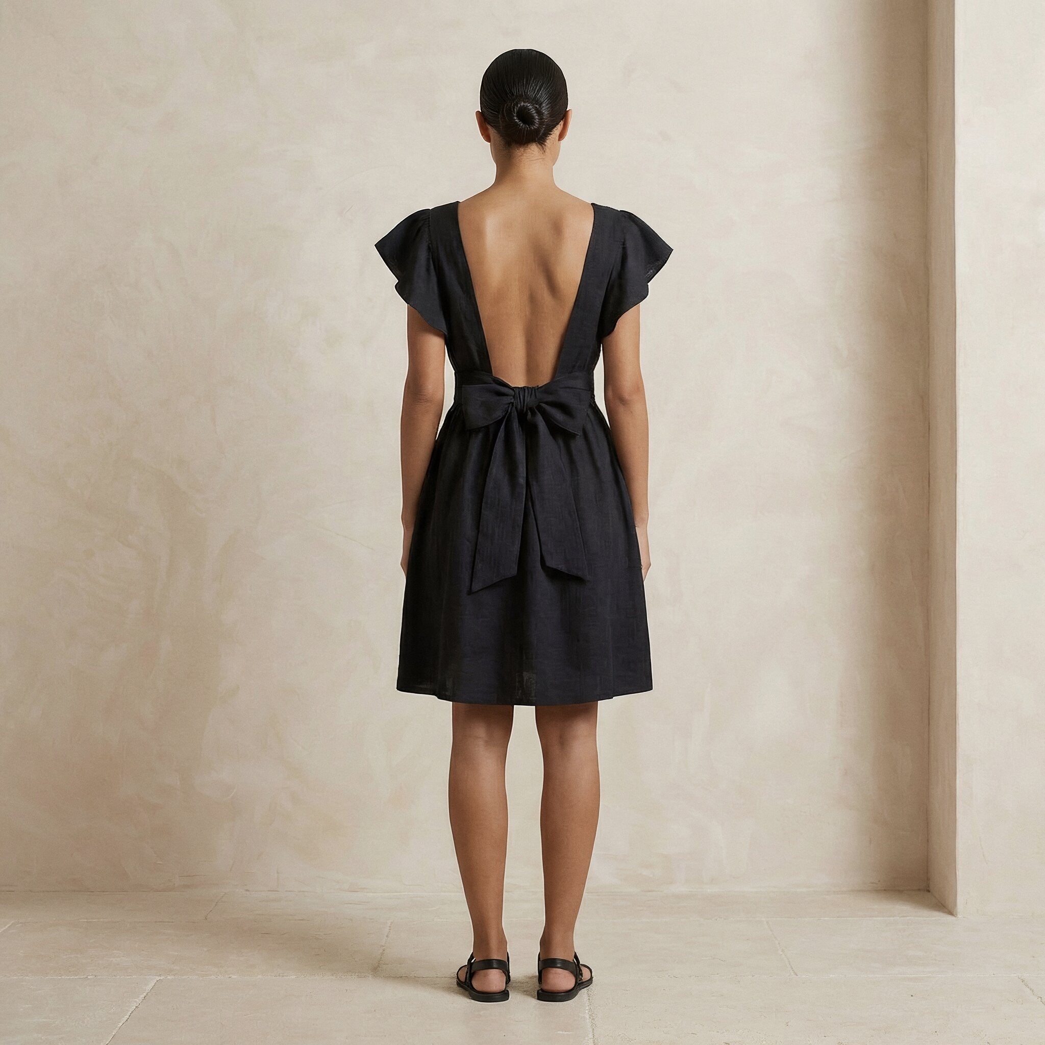 Black Cotton Open-Back Fit and Flare Knee Length Dress