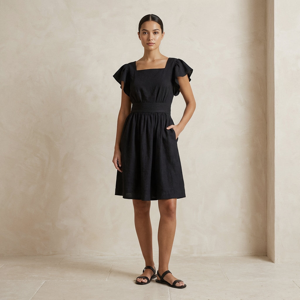 Black Cotton Open-Back Fit and Flare Knee Length Dress