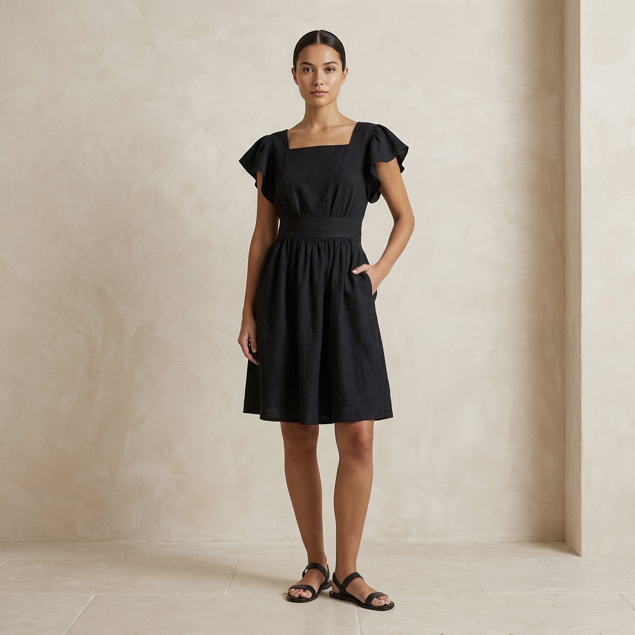 Black Cotton Open-Back Fit and Flare Knee Length Dress