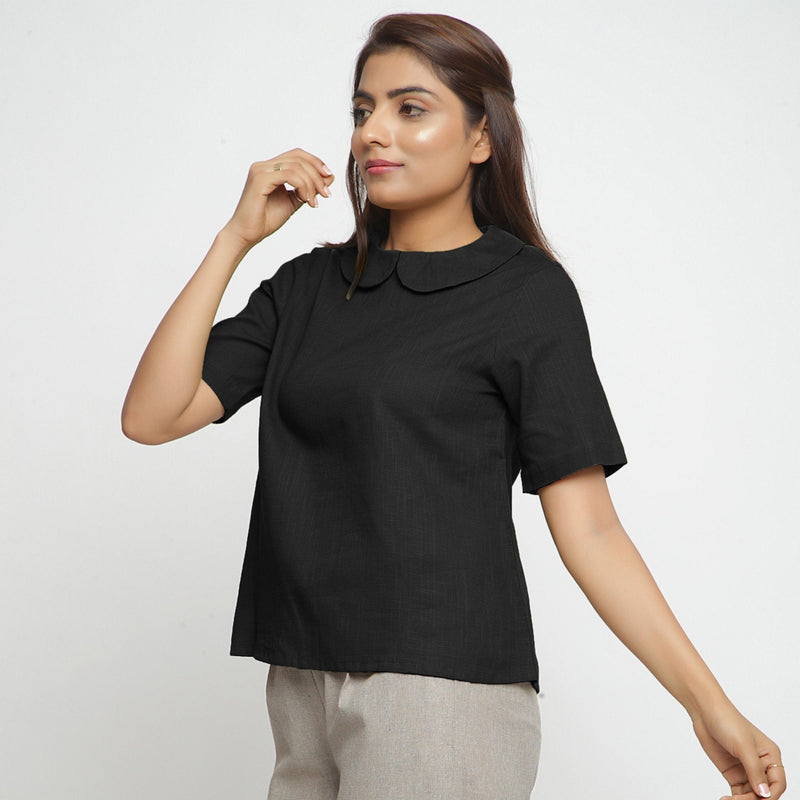 Black Cotton Peter Pan Collar A-Line Top