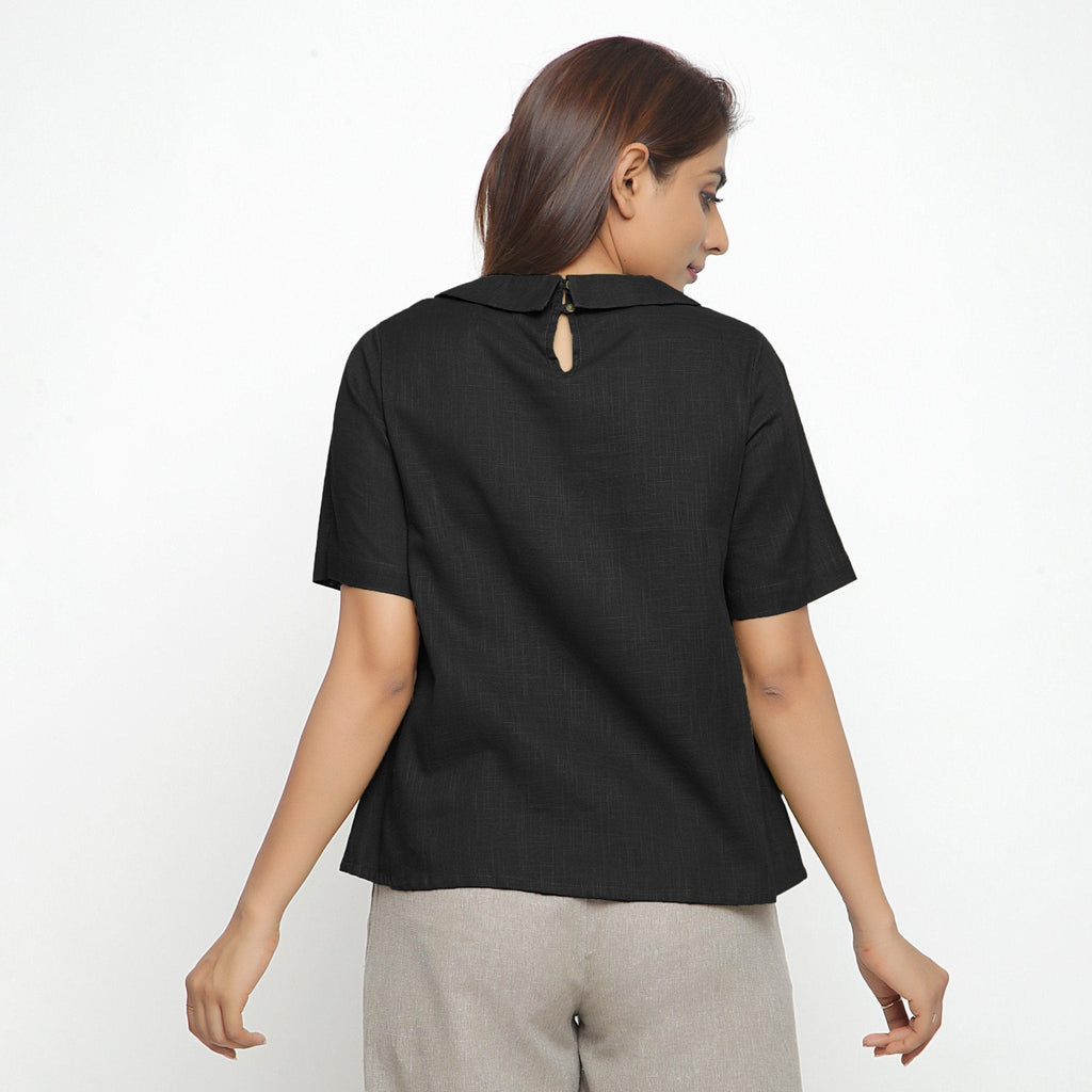 Black Cotton Peter Pan Collar A-Line Top