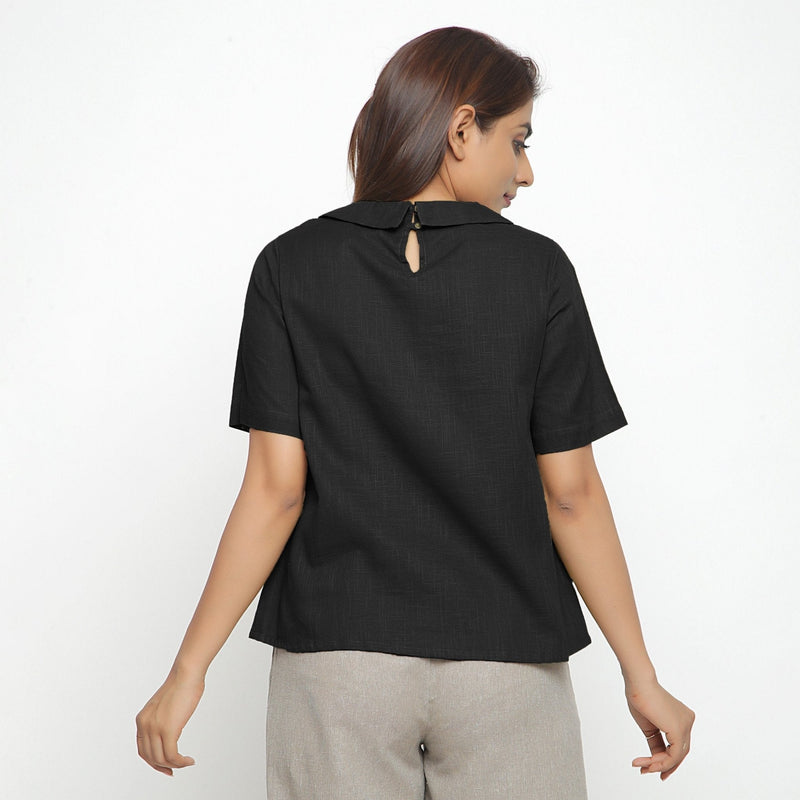 Black Cotton Peter Pan Collar A-Line Top