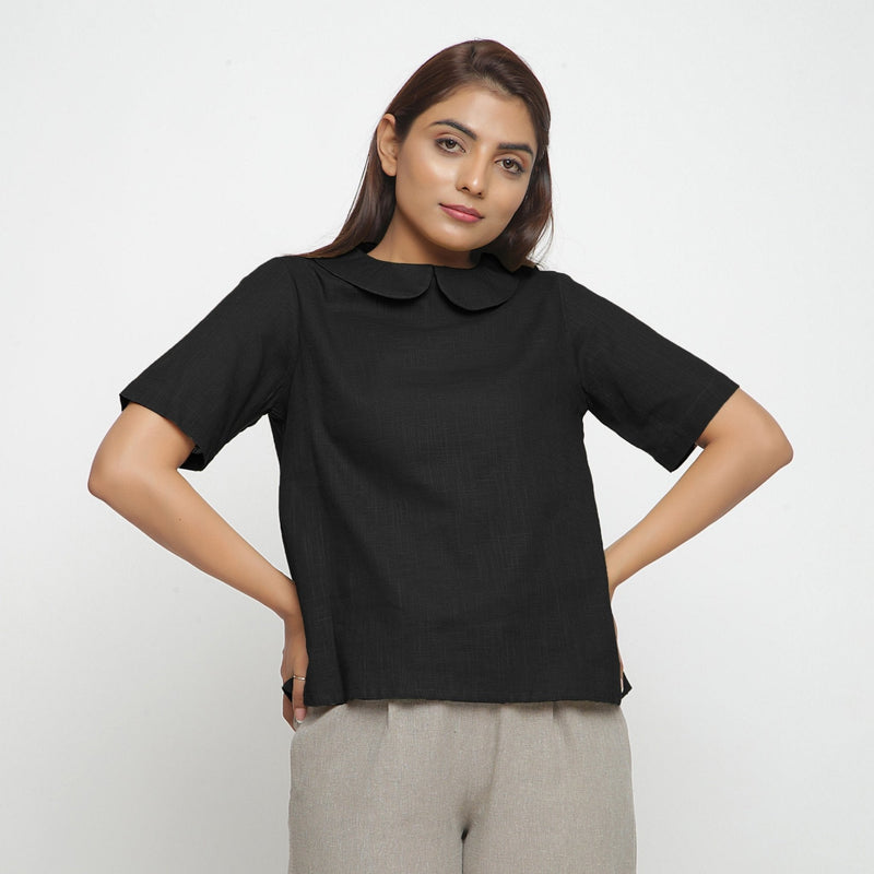 Black Cotton Peter Pan Collar A-Line Top