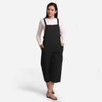 Black Cotton Pinafore Midi Dungaree Jumpsuit