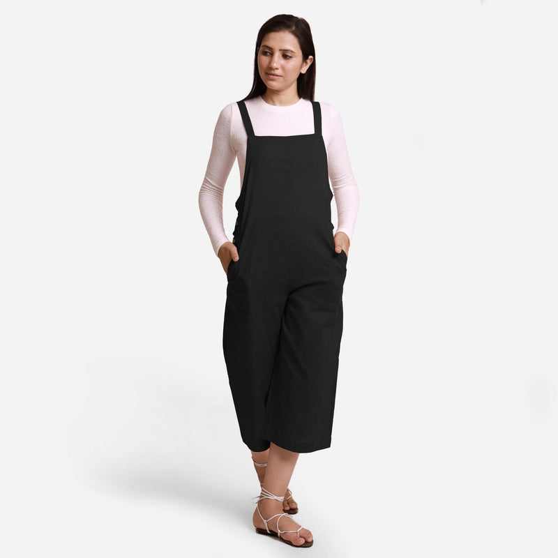 Black Cotton Pinafore Midi Dungaree Jumpsuit