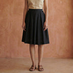 Black Cotton Pleated Knee-Length Skirt