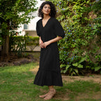 Black Cotton Poplin A-Line Deep Neck Maxi Tier Dress