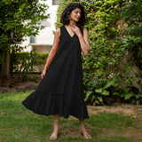 Black Cotton Poplin A-Line Deep Neck Sleeveless Maxi Dress