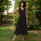 Black Cotton Poplin A-Line Deep Neck Sleeveless Maxi Dress