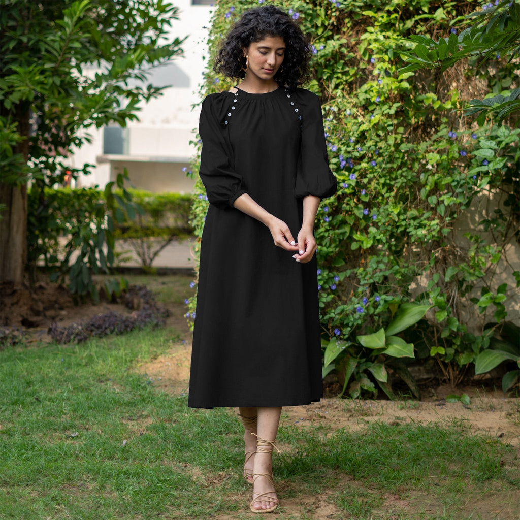 Black Cotton Poplin A-Line Detachable Sleeve Flared Midi Dress