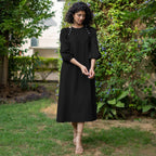 Black Cotton Poplin A-Line Detachable Sleeve Flared Midi Dress