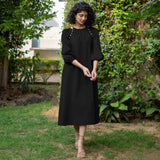 Black Cotton Poplin A-Line Detachable Sleeve Flared Midi Dress