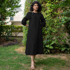 Black Cotton Poplin A-Line Detachable Sleeve Flared Midi Dress