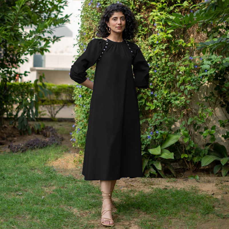 Black Cotton Poplin A-Line Detachable Sleeve Flared Midi Dress