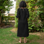Black Cotton Poplin A-Line Detachable Sleeve Flared Midi Dress