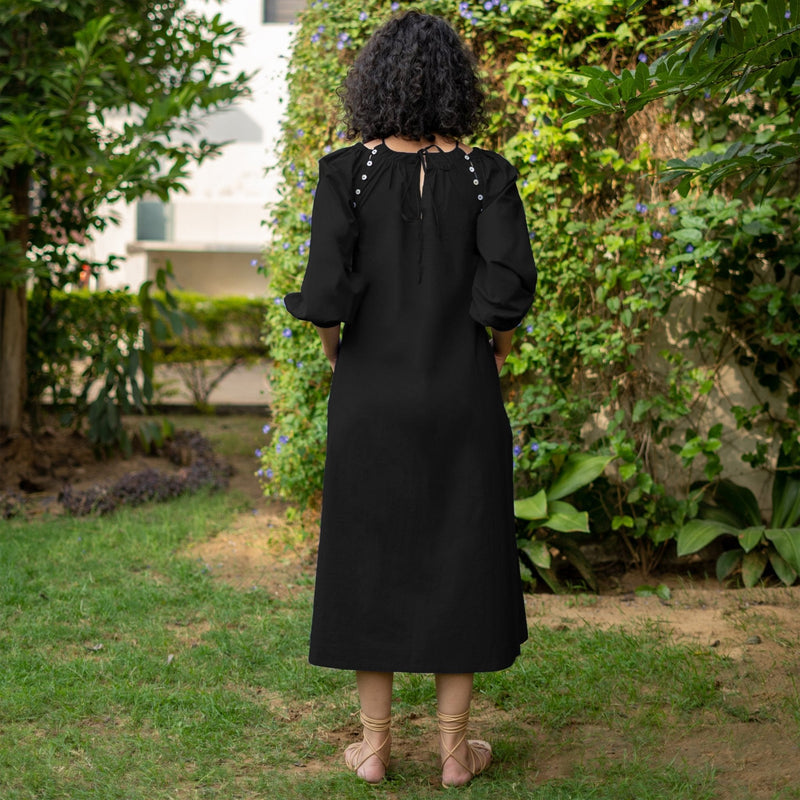 Black Cotton Poplin A-Line Detachable Sleeve Flared Midi Dress