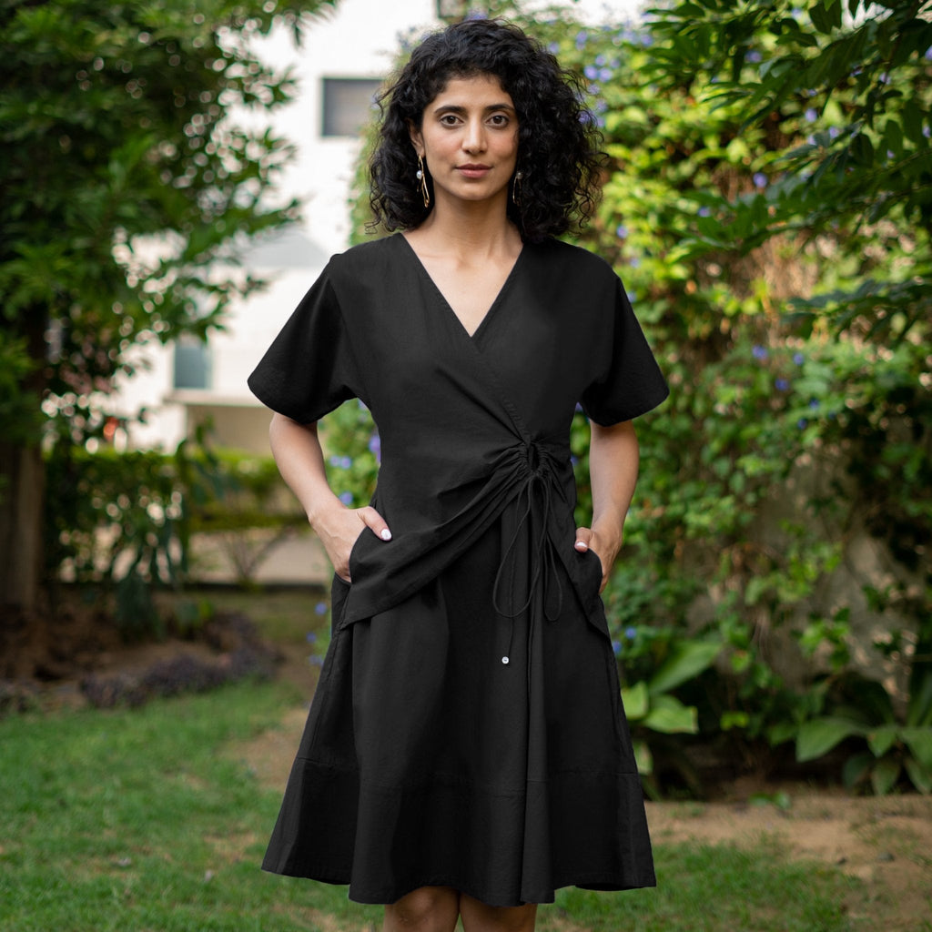 Black Cotton Poplin Drop Shoulder Sleeves Knee Length Wrap Dress