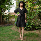 Black Cotton Poplin Drop Shoulder Sleeves Knee Length Wrap Dress