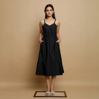 Black Cotton Poplin Elasticated Midi Cami Dress