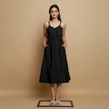 Black Cotton Poplin Elasticated Midi Cami Dress