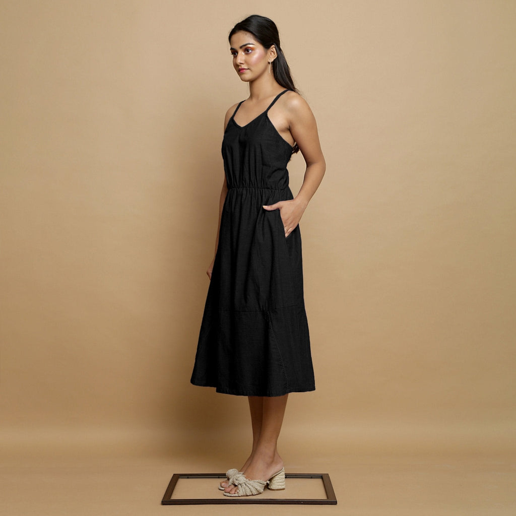 Black Cotton Poplin Elasticated Midi Cami Dress