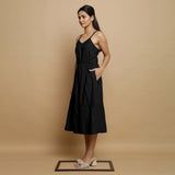 Black Cotton Poplin Elasticated Midi Cami Dress
