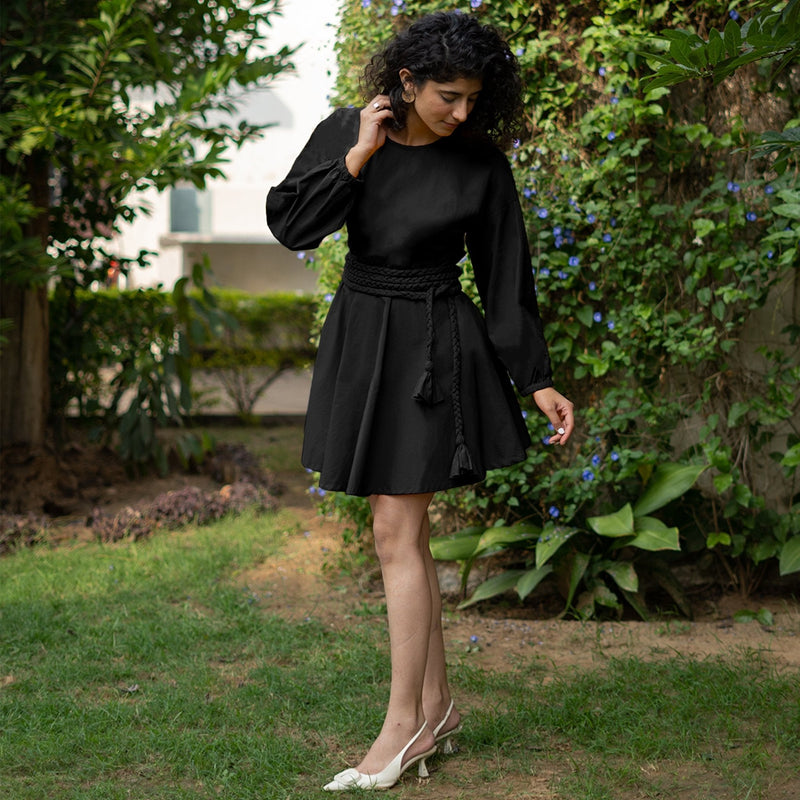 Black Cotton Poplin Fit and Flare Balloon Sleeves Short Dress
