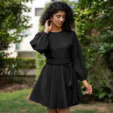 Black Cotton Poplin Fit and Flare Balloon Sleeves Short Dress