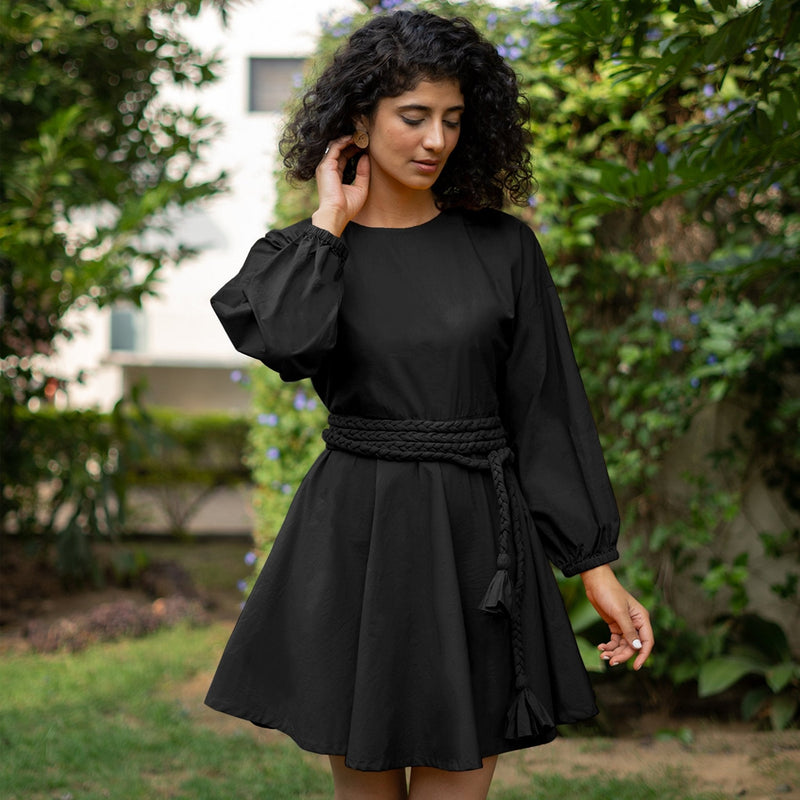 Black Cotton Poplin Fit and Flare Balloon Sleeves Short Dress