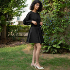 Black Cotton Poplin Fit and Flare Balloon Sleeves Short Dress
