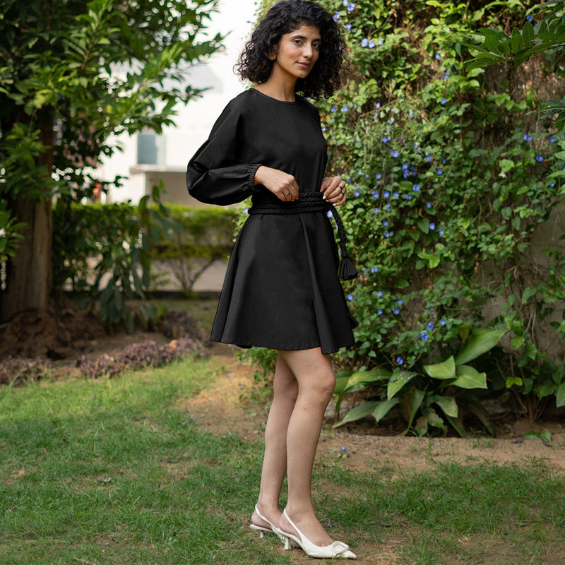 Black Cotton Poplin Fit and Flare Balloon Sleeves Short Dress
