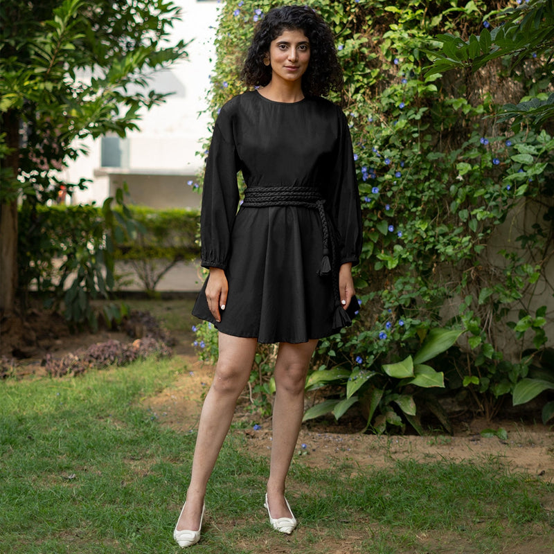 Black Cotton Poplin Fit and Flare Balloon Sleeves Short Dress