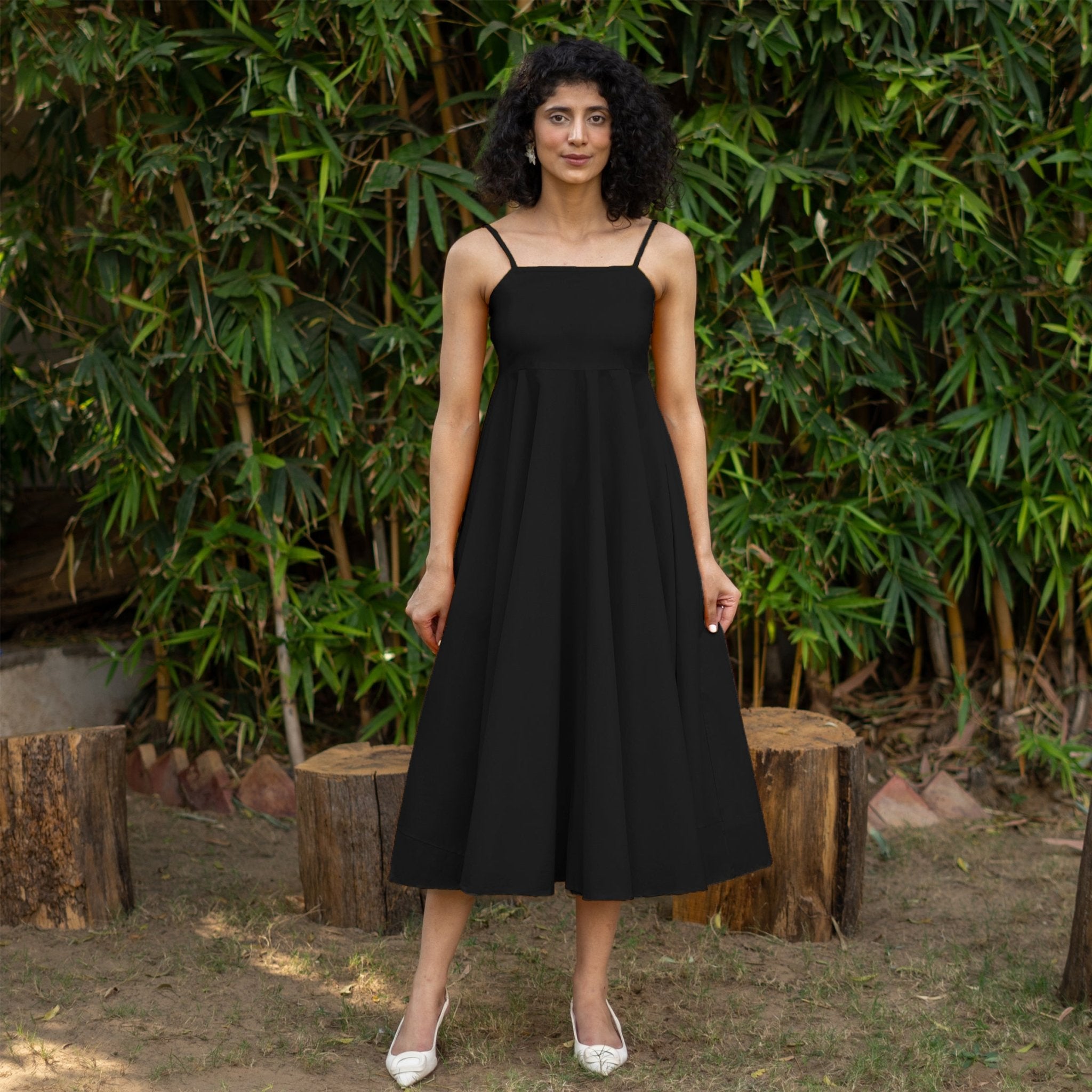 Black Cotton Poplin Fit and Flare Midi Empire Dress