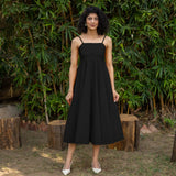 Black Cotton Poplin Fit and Flare Midi Empire Dress