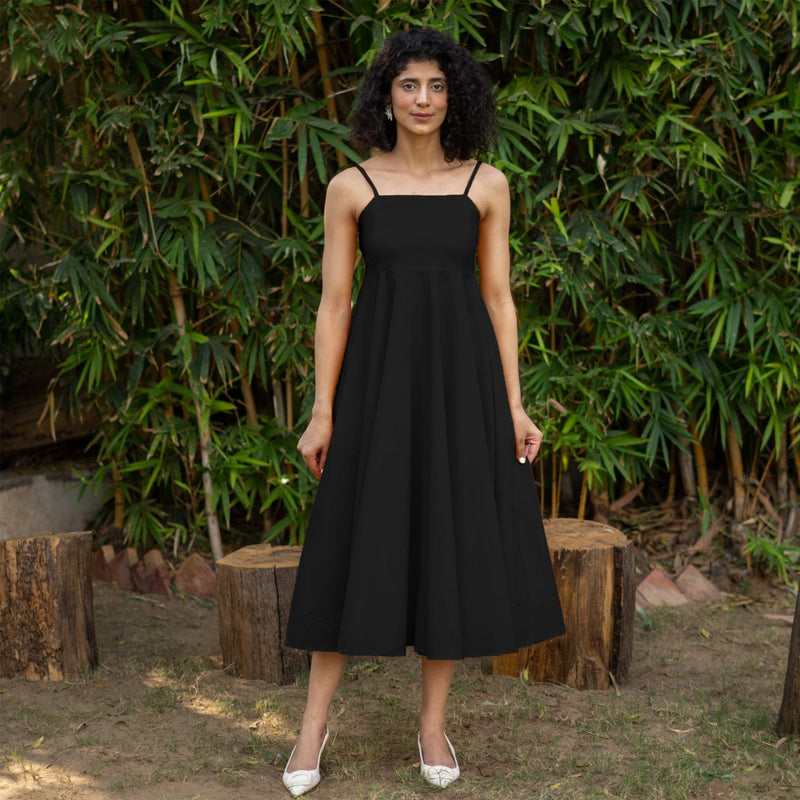 Black Cotton Poplin Fit and Flare Midi Empire Dress