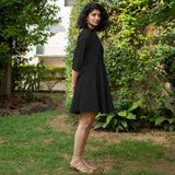 Black Cotton Poplin Fit and Flare Short Button-Down Shirt Dress