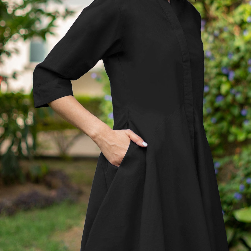 Black Cotton Poplin Fit and Flare Short Button-Down Shirt Dress