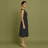 Black Cotton Poplin Fit and Flare Sleeveless Midi Dress