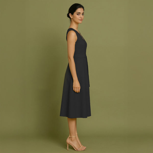 Black Cotton Poplin Fit and Flare Sleeveless Midi Dress
