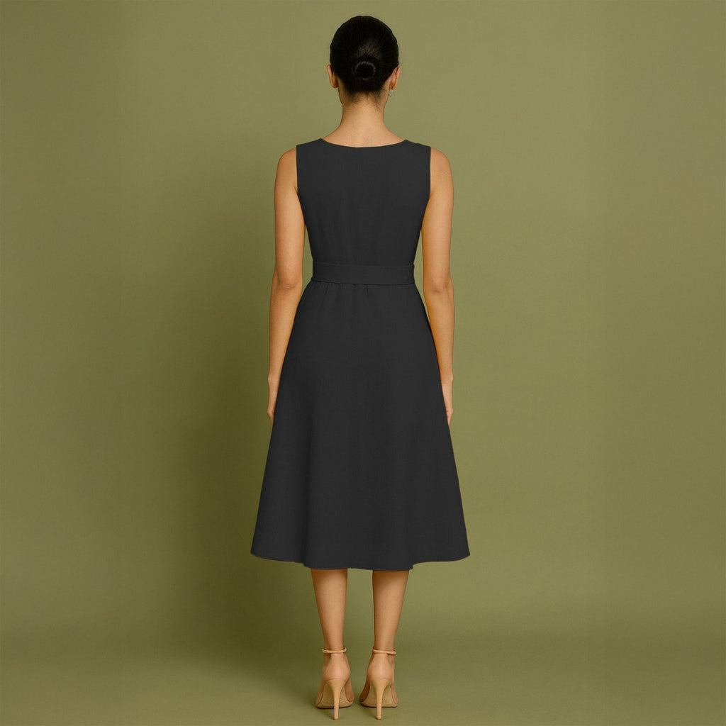 Black Cotton Poplin Fit and Flare Sleeveless Midi Dress