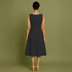 Black Cotton Poplin Fit and Flare Sleeveless Midi Dress
