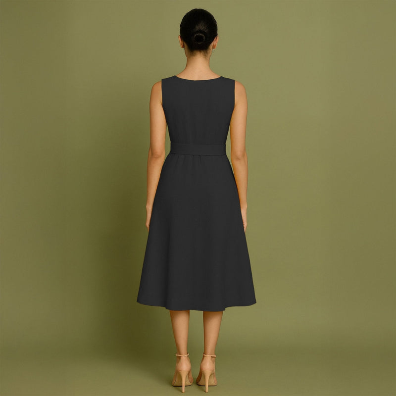 Black Cotton Poplin Fit and Flare Sleeveless Midi Dress