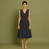 Black Cotton Poplin Fit and Flare Sleeveless Midi Dress