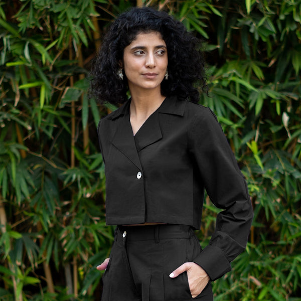 Black Cotton Poplin Full Sleeve Cropped Shirt