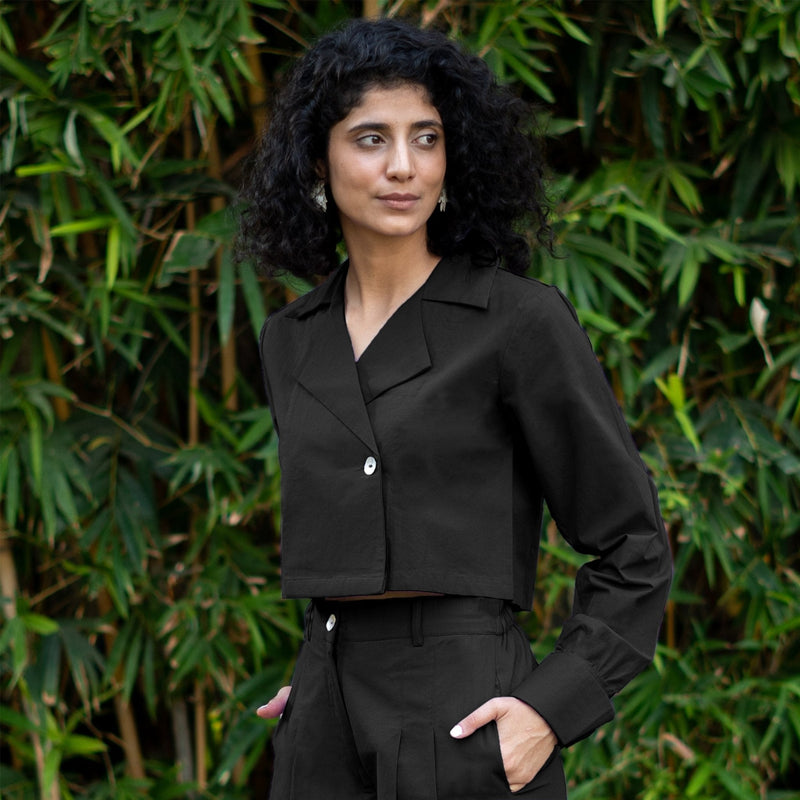 Black Cotton Poplin Full Sleeve Cropped Shirt
